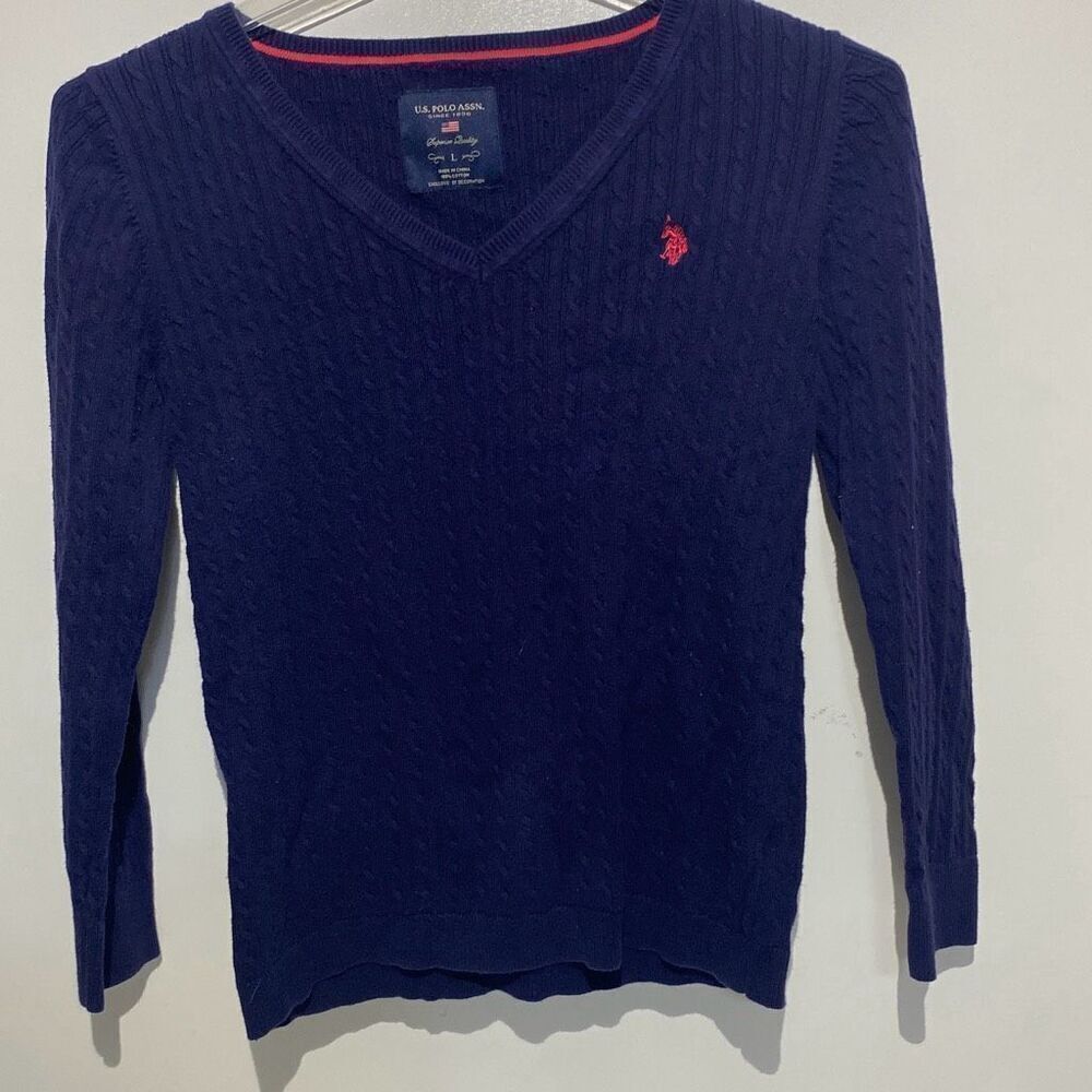 US Polo Assn. Women's Navy V-Neck Cable Knit Long Sleeve Sweater Size Large